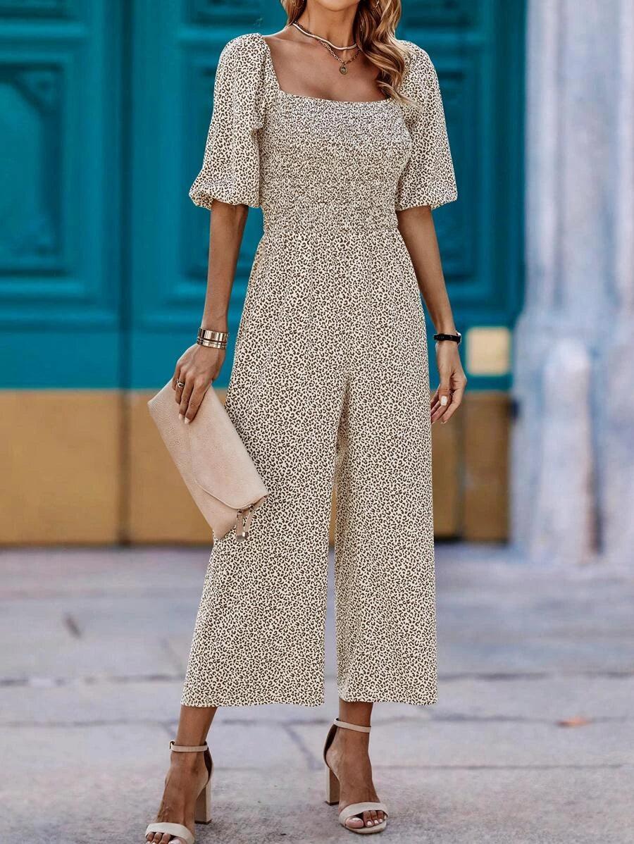 Allover Print Square Neck Lantern Sleeve Wide Leg Jumpsuit-Comfy Jumpsuits