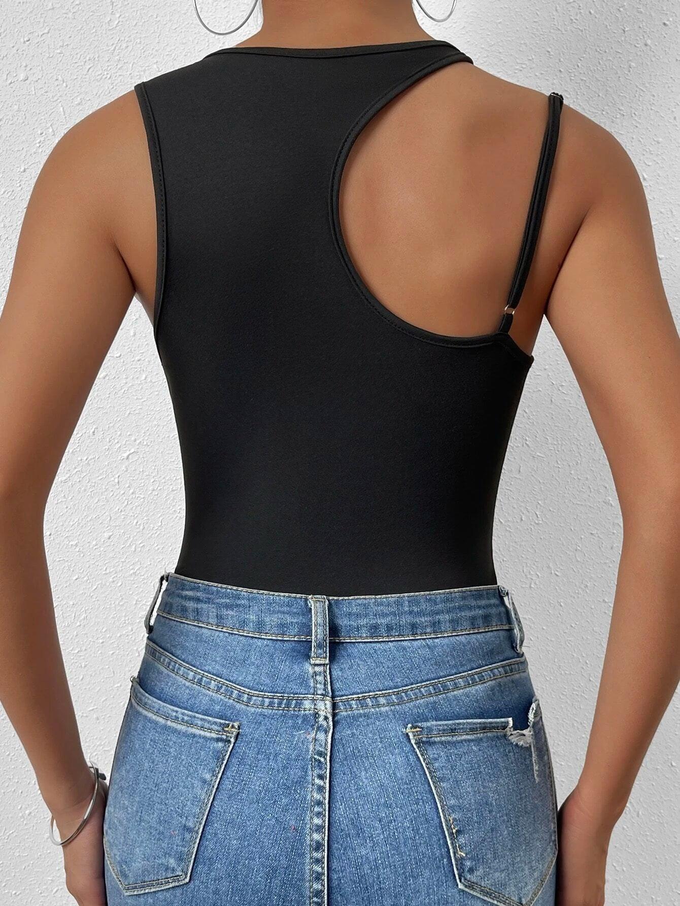 Cut Out Asymmetrical Neck Bodysuit-Comfy Jumpsuits