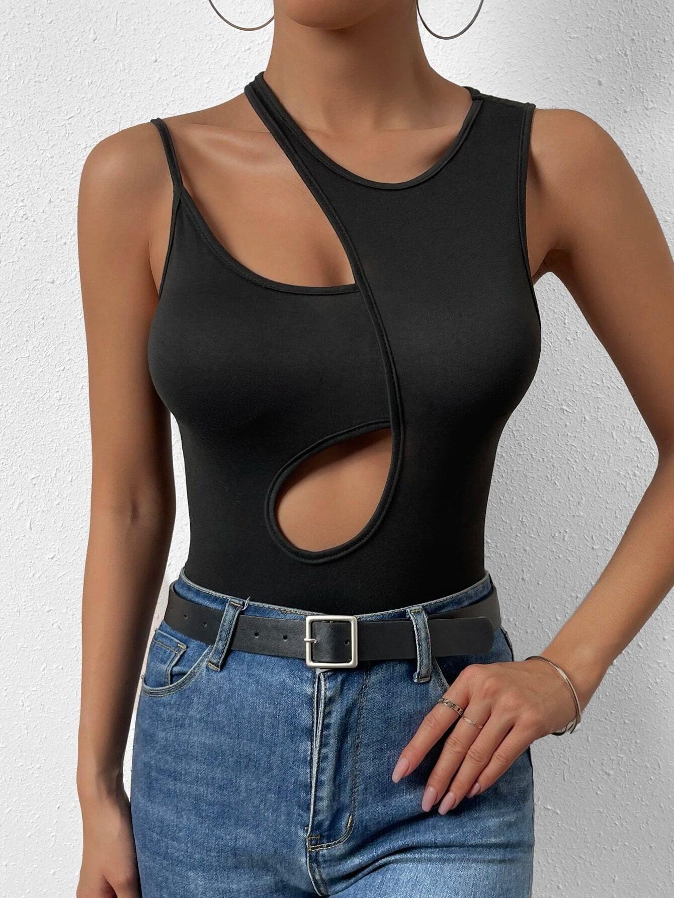 Cut Out Asymmetrical Neck Bodysuit-Comfy Jumpsuits