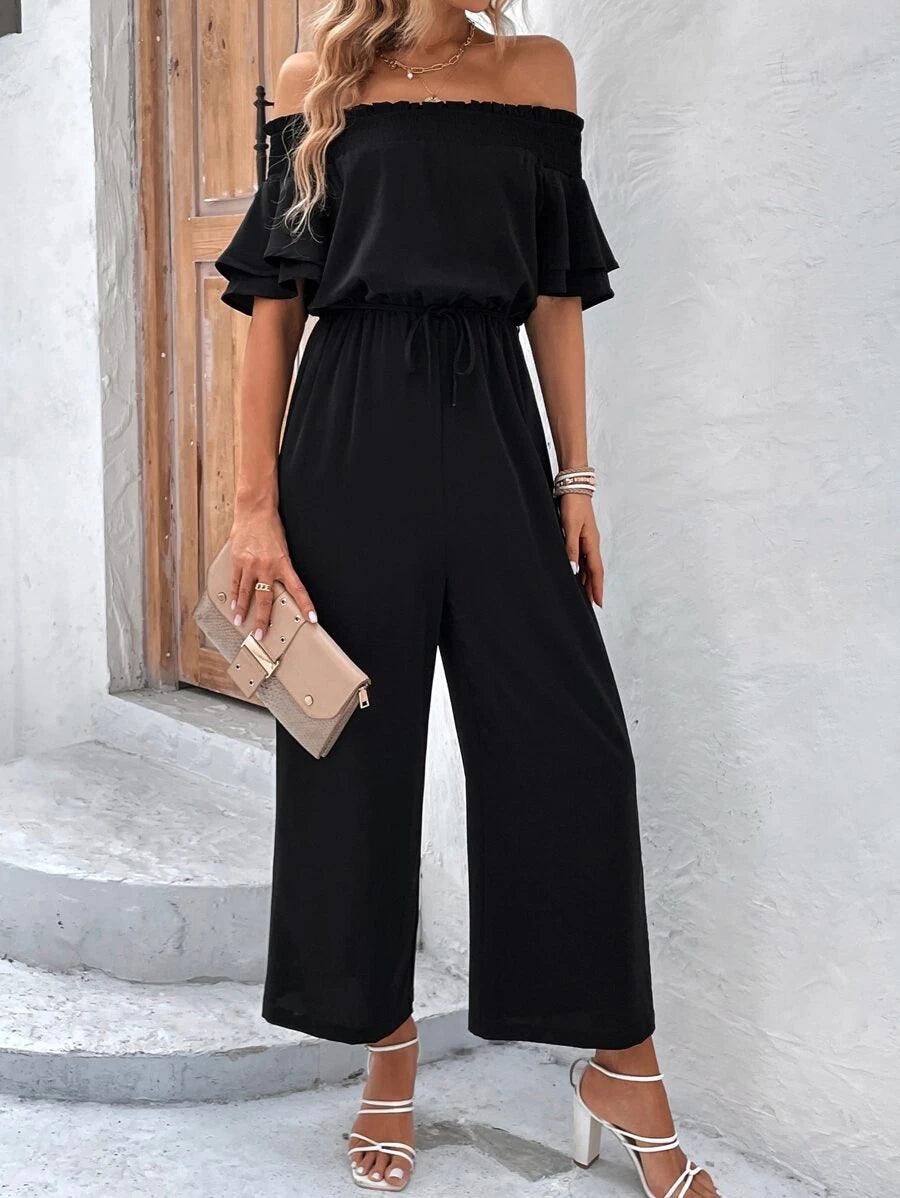 Off Shoulder Flounce Sleeve Tie Front Wide Leg Jumpsuit-Comfy Jumpsuits