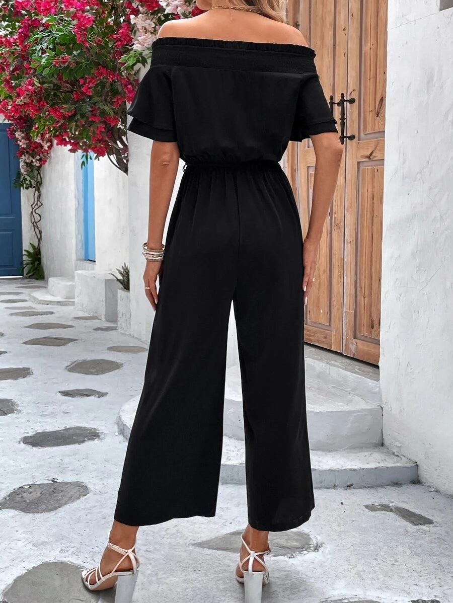 Off Shoulder Flounce Sleeve Tie Front Wide Leg Jumpsuit-Comfy Jumpsuits