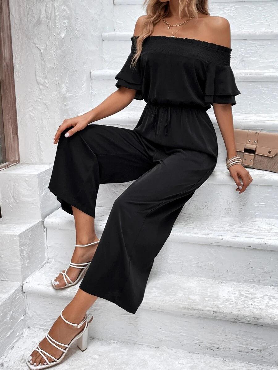 Off Shoulder Flounce Sleeve Tie Front Wide Leg Jumpsuit-Comfy Jumpsuits