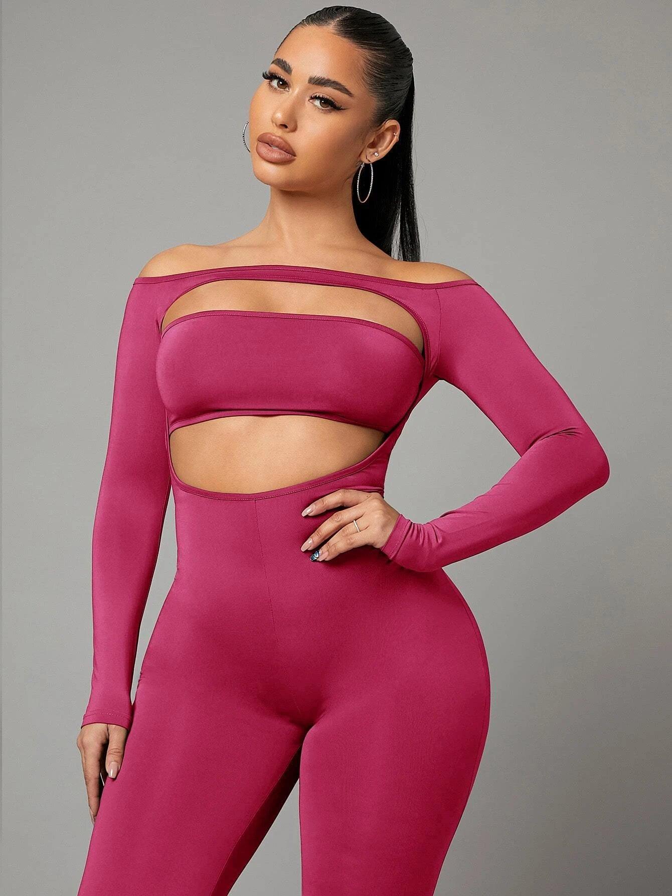 Off Shoulder Cut Out Front Unitard Jumpsuit-Comfy Jumpsuits