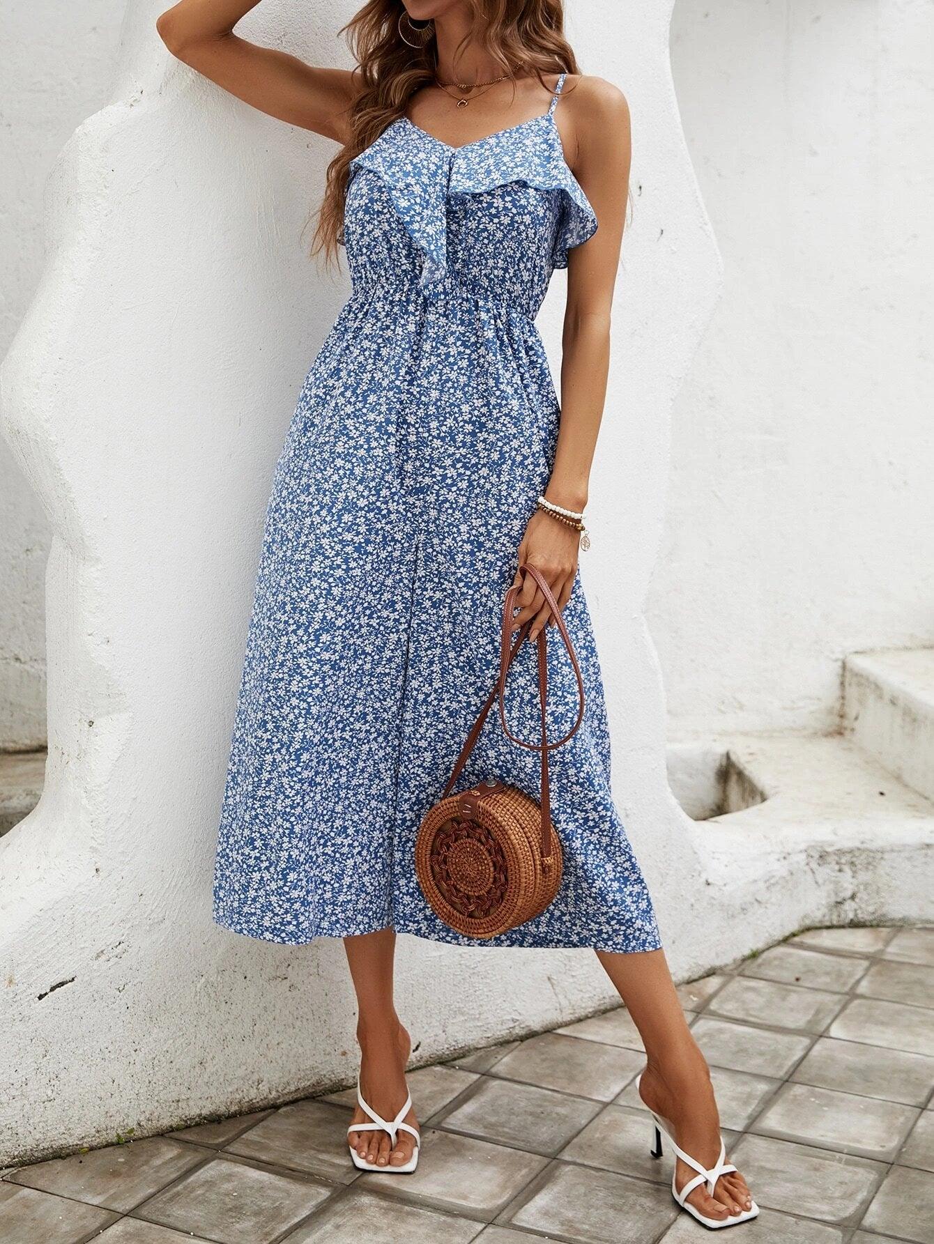 Floral Print Ruffle Trim Cami Jumpsuit-Comfy Jumpsuits