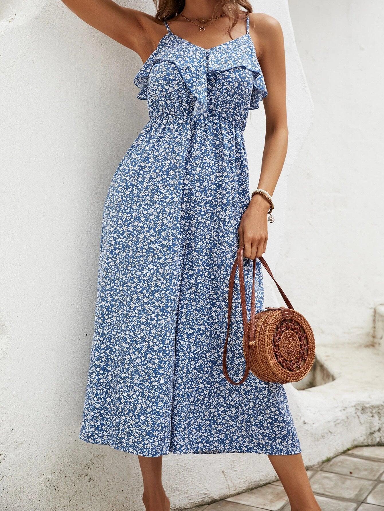 Floral Print Ruffle Trim Cami Jumpsuit-Comfy Jumpsuits