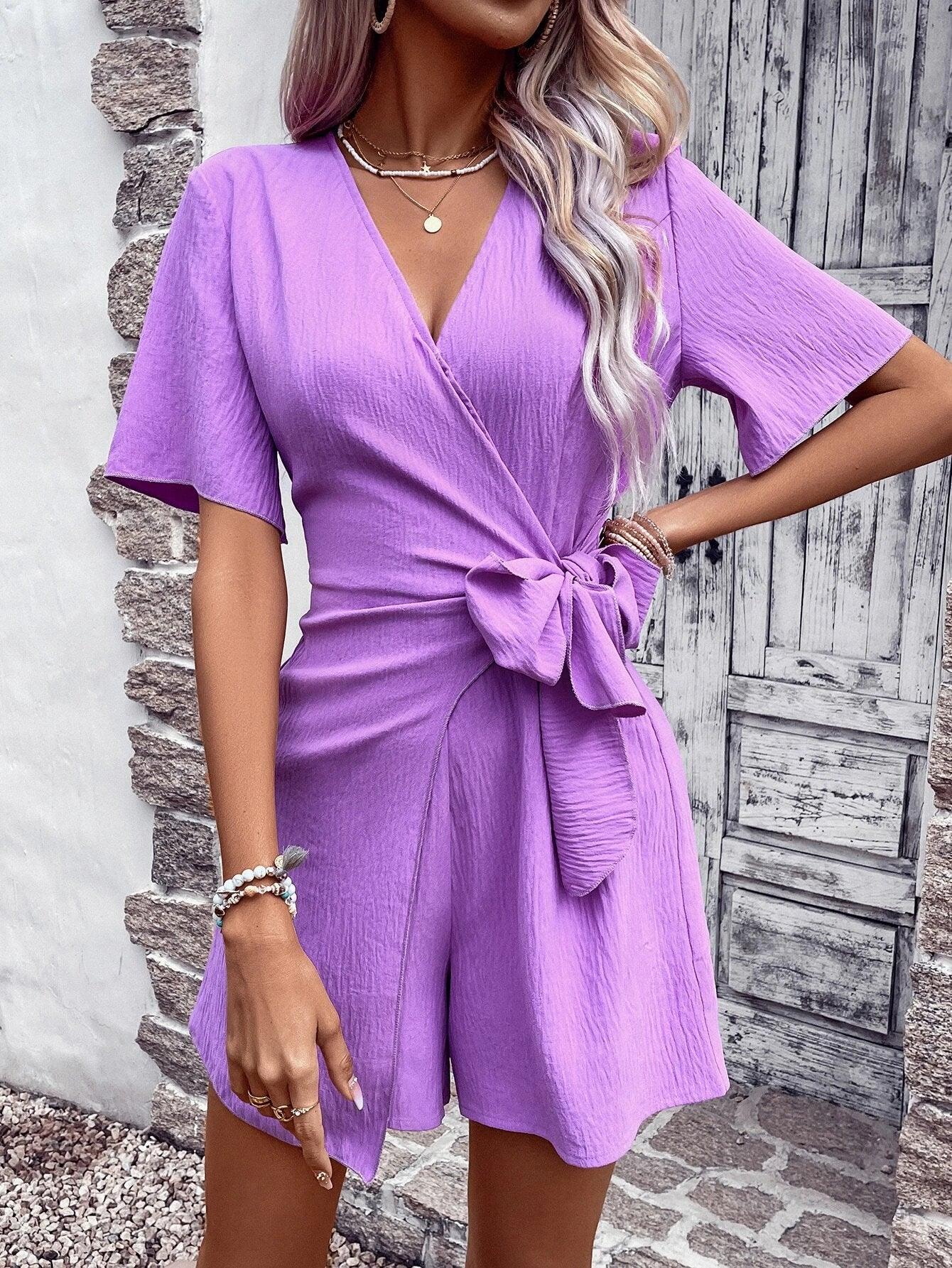 Solid Knot Side Wrap Romper-Comfy Jumpsuits