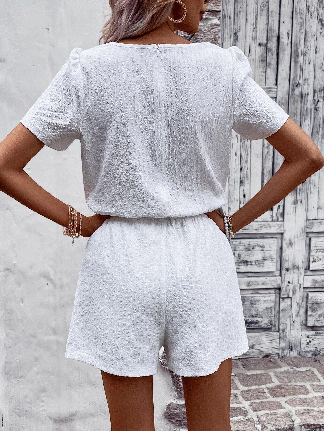 Contrast Lace Short Sleeve Romper-Comfy Jumpsuits