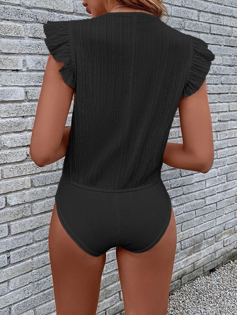 Lace Trim Ruffle Sleeve Bodysuit-Comfy Jumpsuits