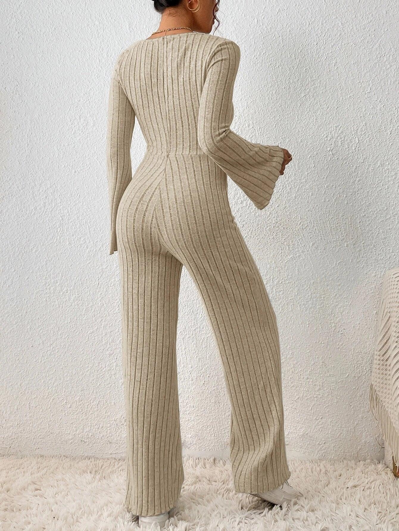 Square Neck Flounce Sleeve Knot Front Jumpsuit