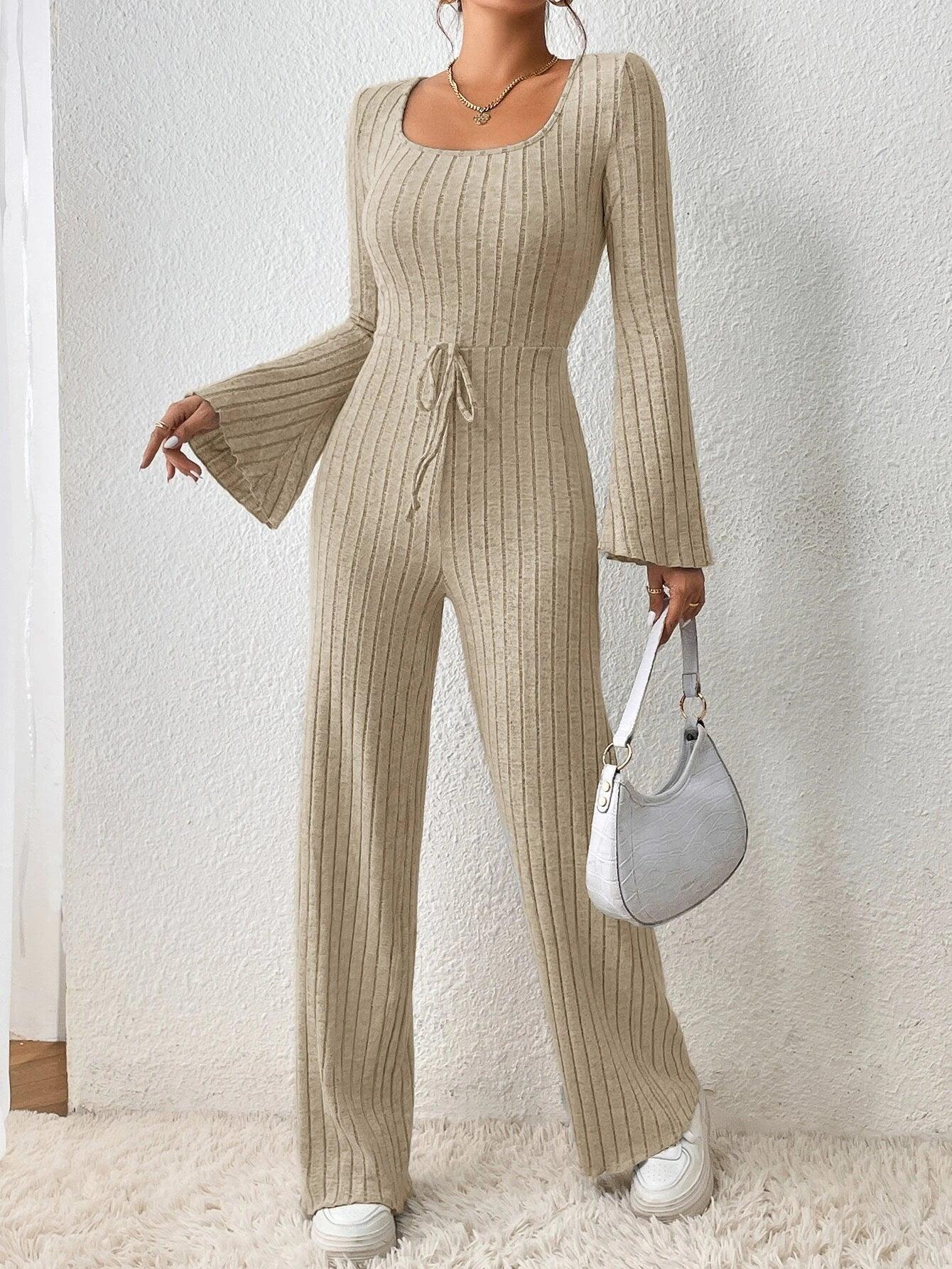 Square Neck Flounce Sleeve Knot Front Jumpsuit