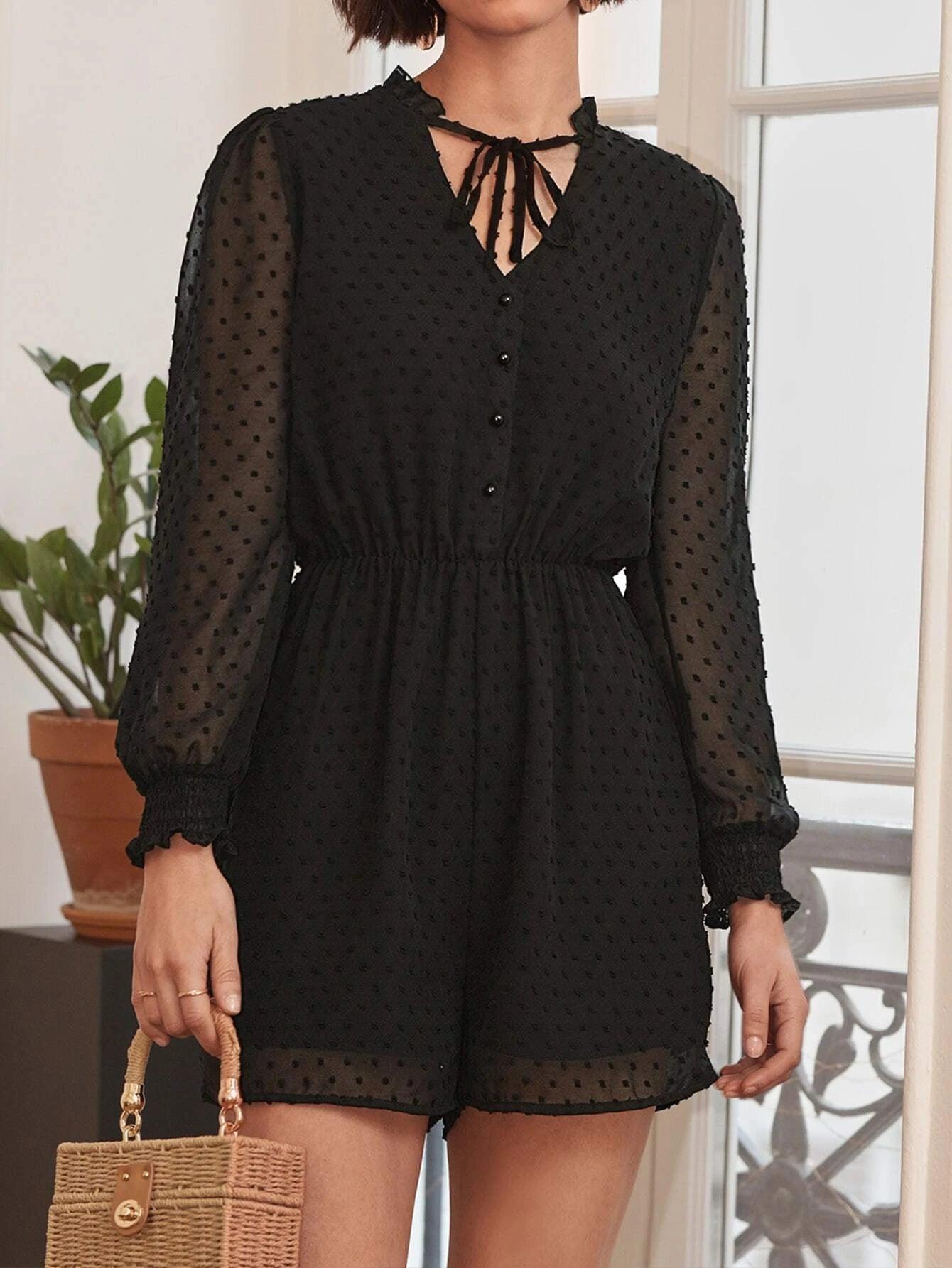 Swiss Dot Neck Chiffon Romper-Comfy Jumpsuits