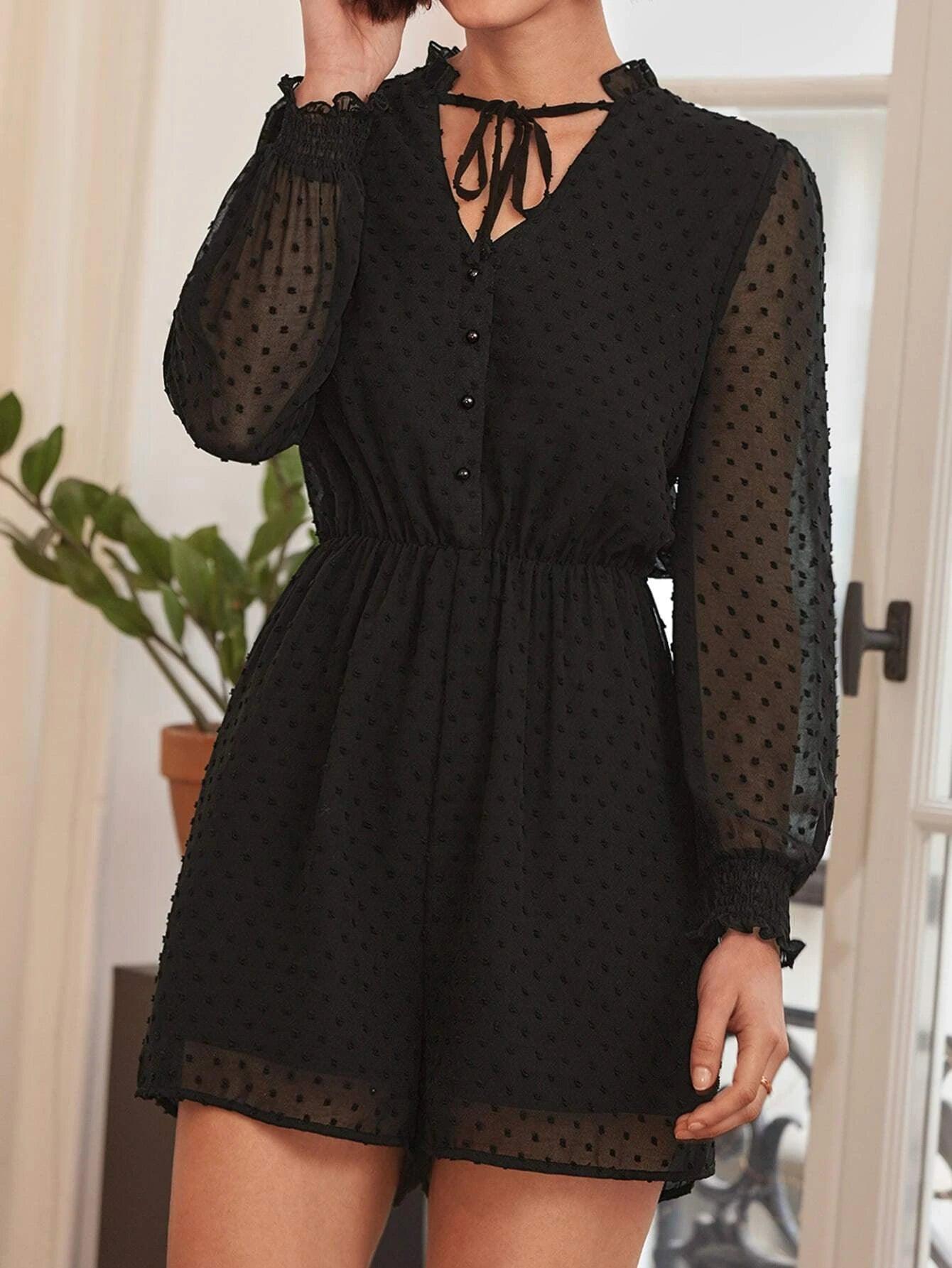 Swiss Dot Neck Chiffon Romper-Comfy Jumpsuits