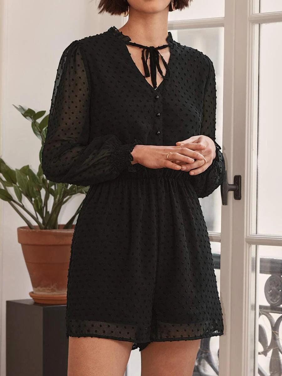 Frenchy Swiss Dot Tie Neck Chiffon Romper-Comfy Jumpsuits