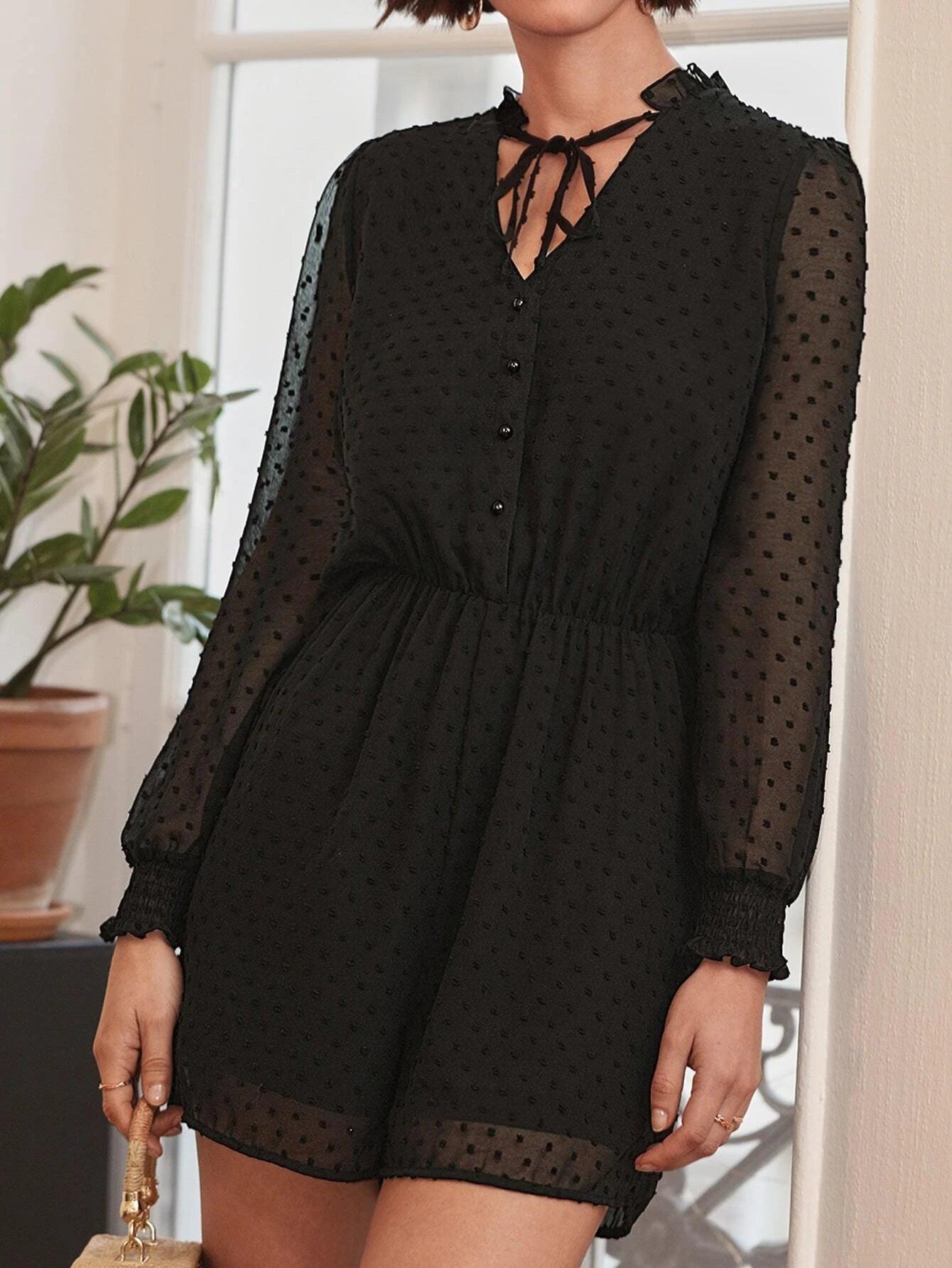 Swiss Dot Neck Chiffon Romper-Comfy Jumpsuits