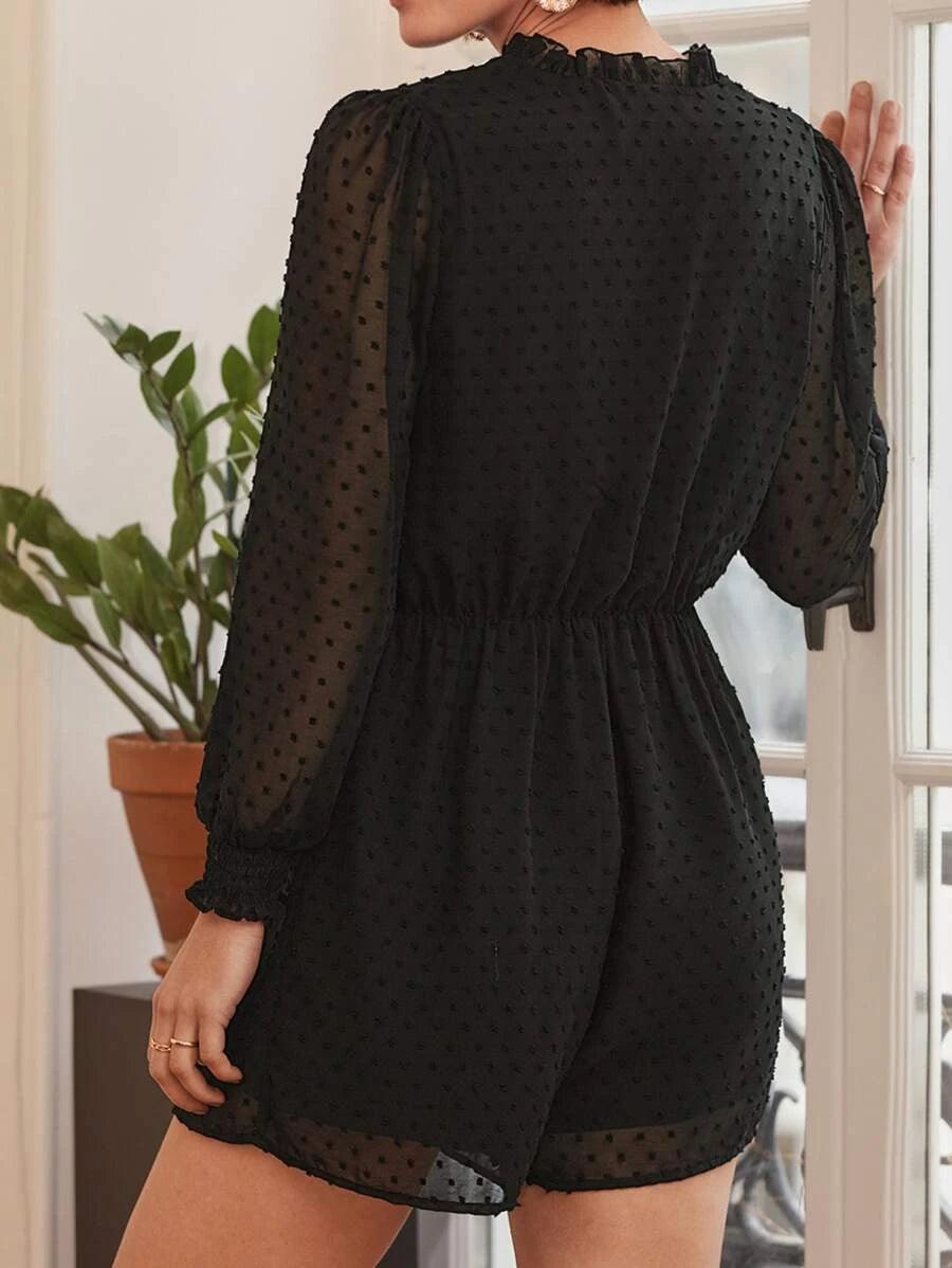 Frenchy Swiss Dot Tie Neck Chiffon Romper-Comfy Jumpsuits