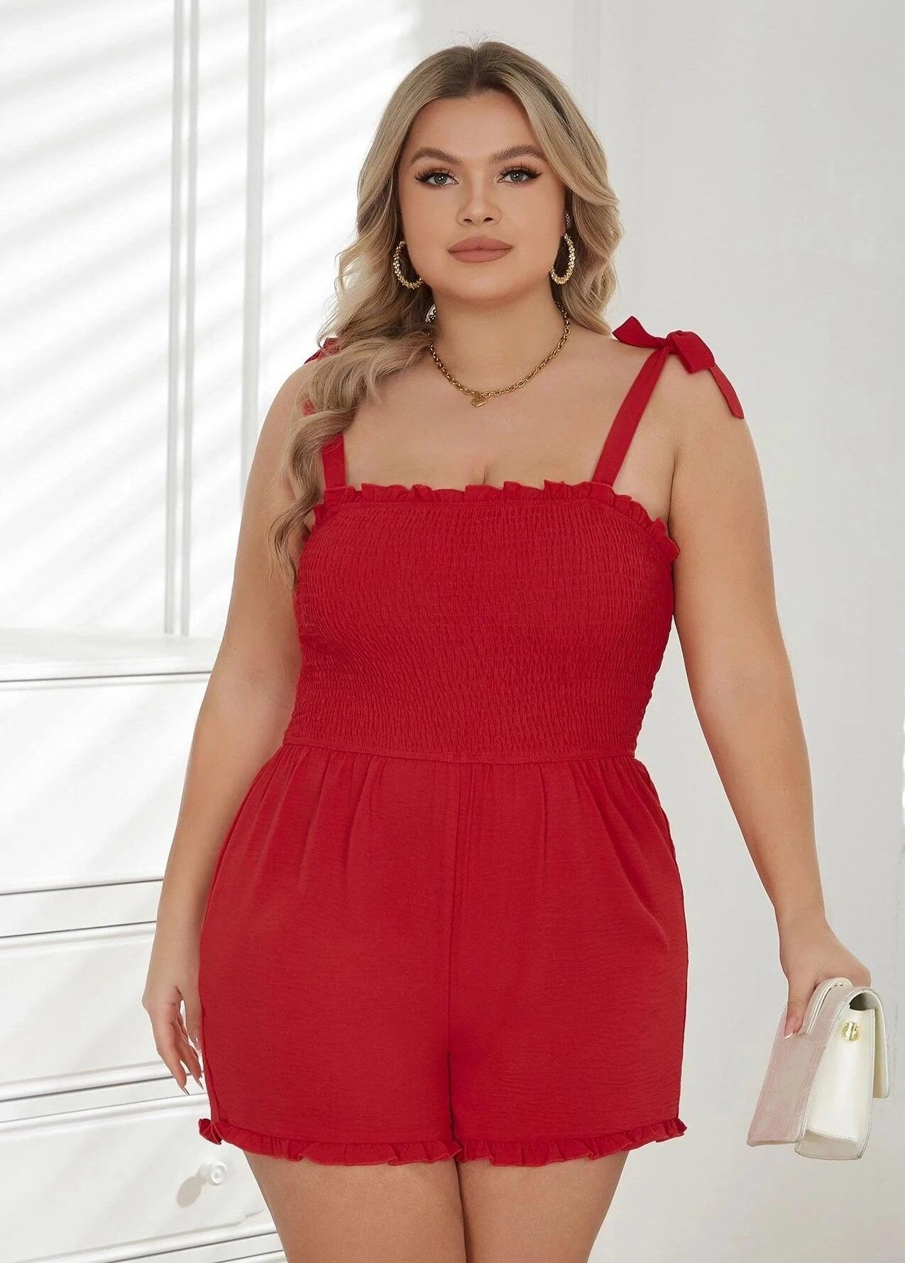 Plus Tie Shoulder Frill Trim Cami Romper-Comfy Jumpsuits