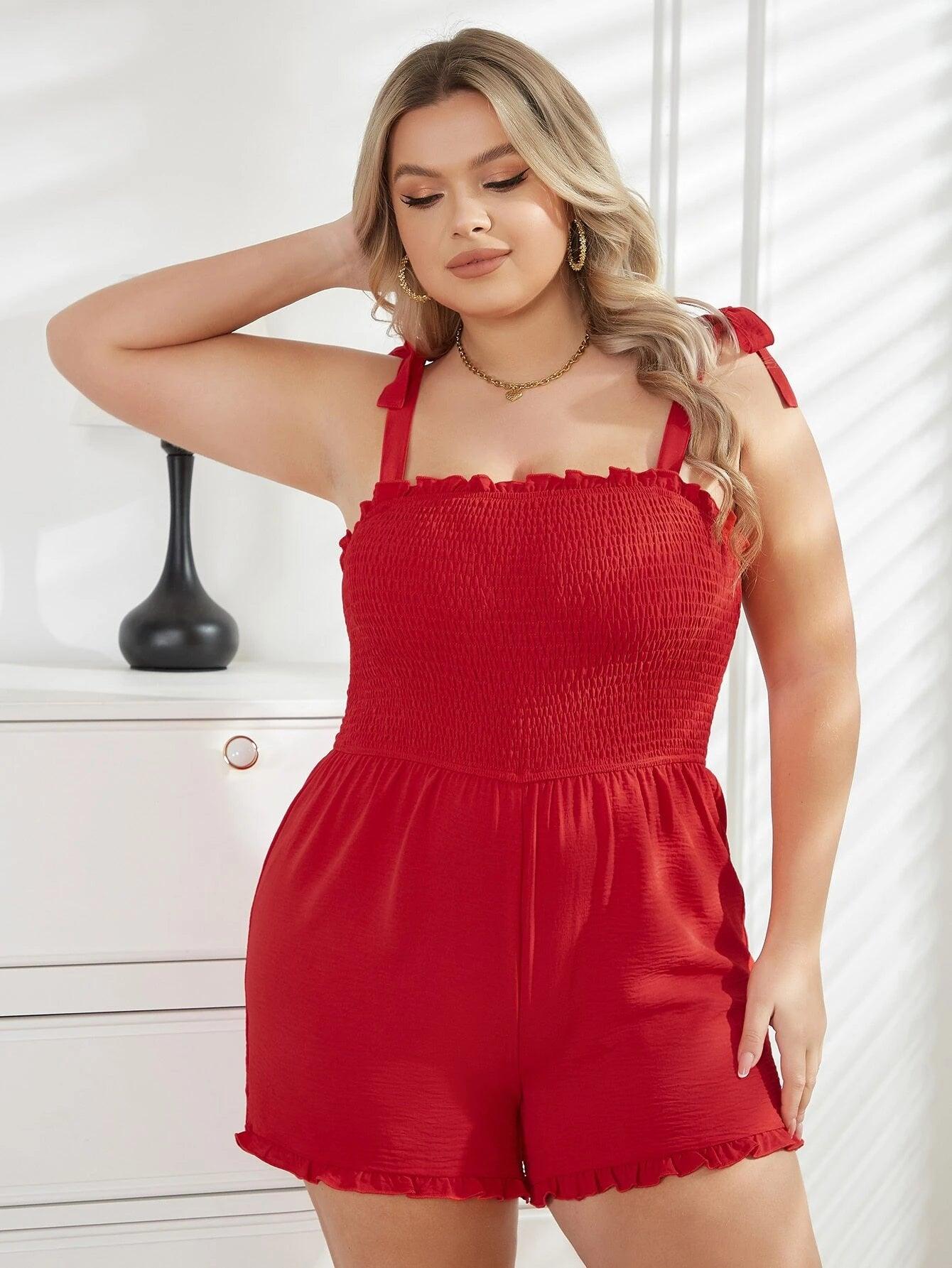 Plus Tie Shoulder Frill Trim Cami Romper-Comfy Jumpsuits