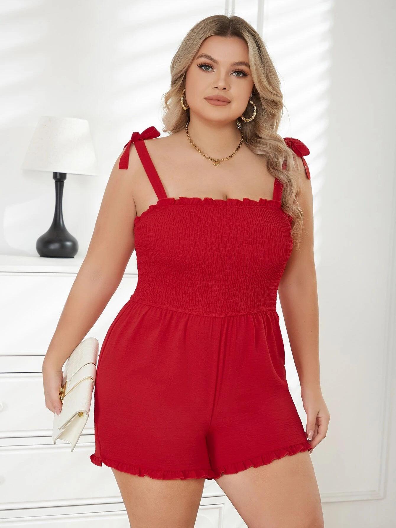 Plus Tie Shoulder Frill Trim Cami Romper-Comfy Jumpsuits