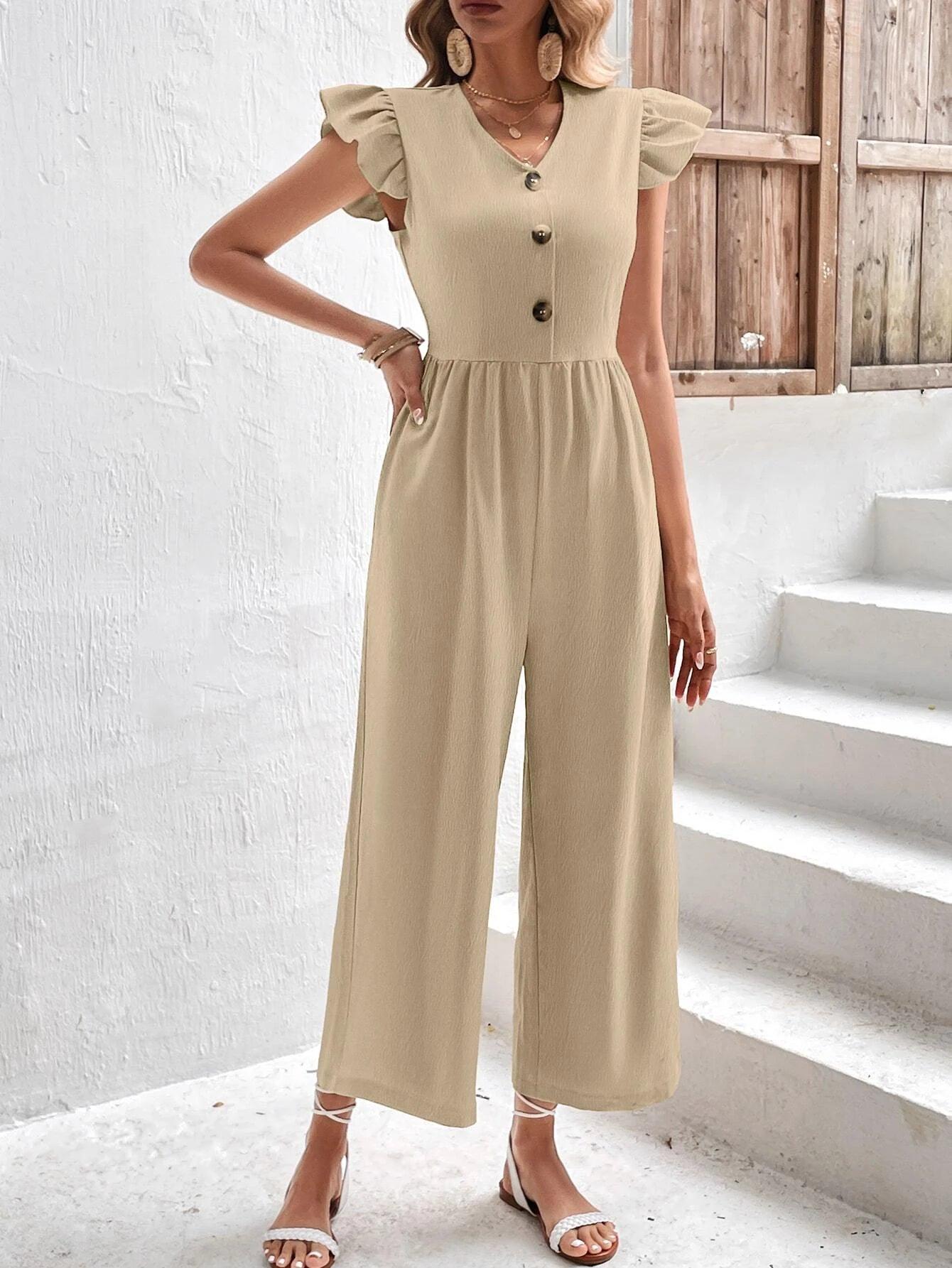 Button Front V Neck Jumpsuit-Comfy Jumpsuits