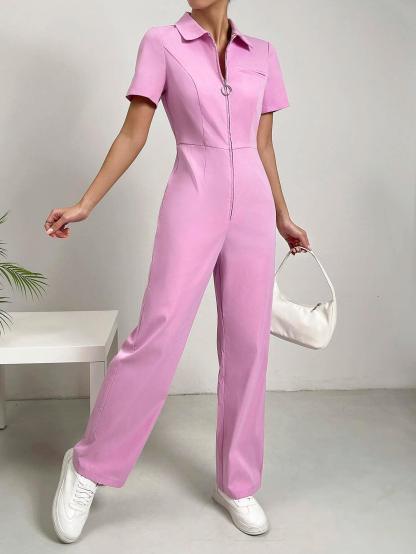 Solid Colored Zipper Jumpsuit-Comfy Jumpsuits