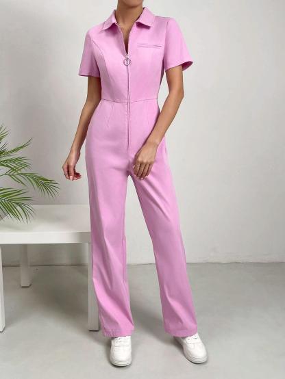 Solid Colored Zipper Jumpsuit-Comfy Jumpsuits