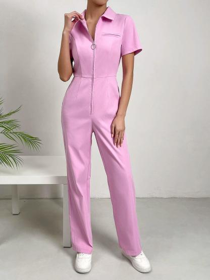 Solid Colored Zipper Jumpsuit-Comfy Jumpsuits