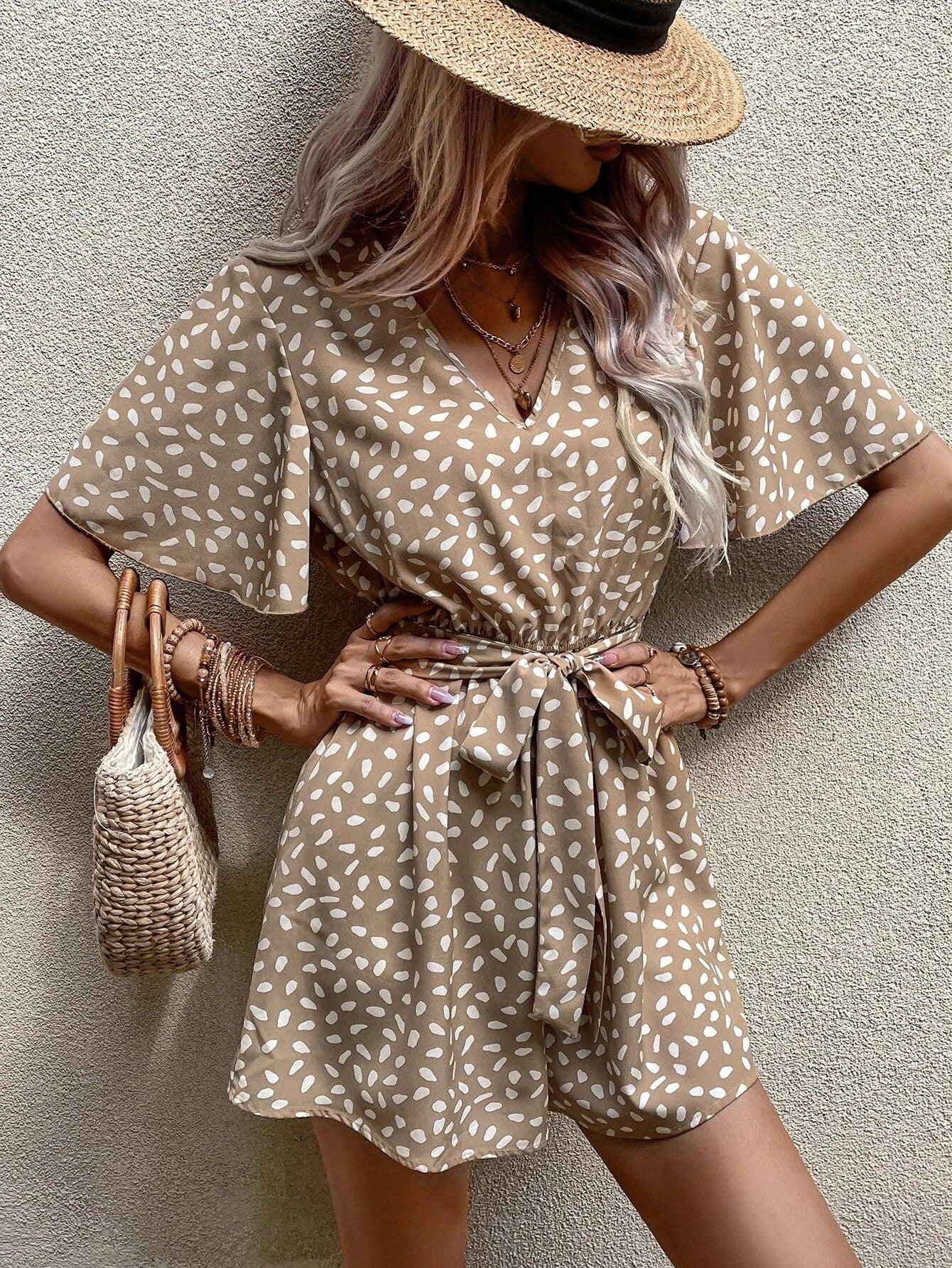 Allover Print Butterfly Sleeve Belted Romper-Comfy Jumpsuits