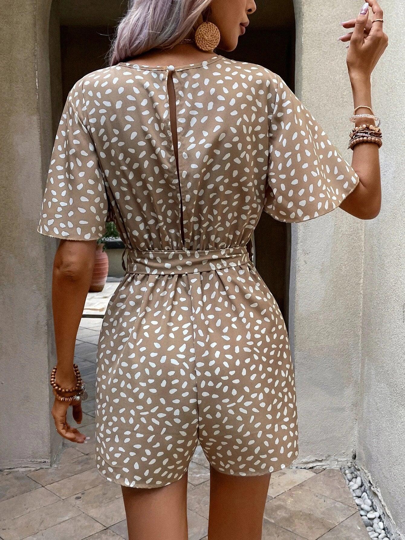 Allover Print Butterfly Sleeve Belted Romper-Comfy Jumpsuits