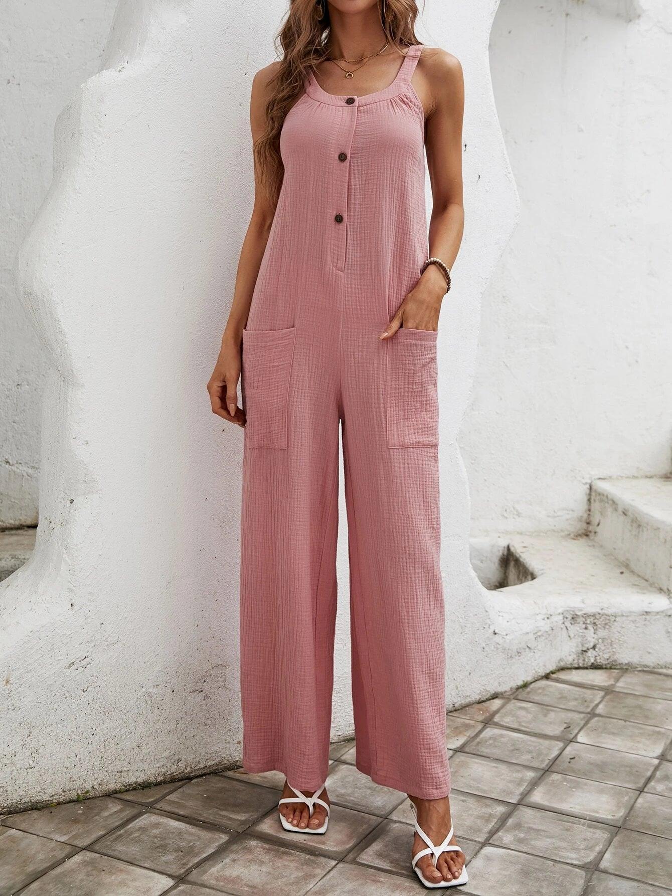 Button Front Dual Pocket Cami Jumpsuit-Comfy Jumpsuits