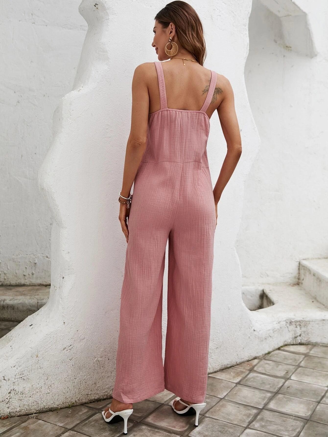 Button Front Dual Pocket Cami Jumpsuit-Comfy Jumpsuits