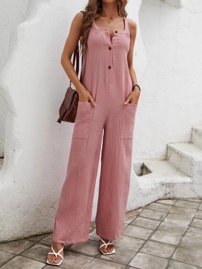 Button Front Dual Pocket Cami Jumpsuit-Comfy Jumpsuits