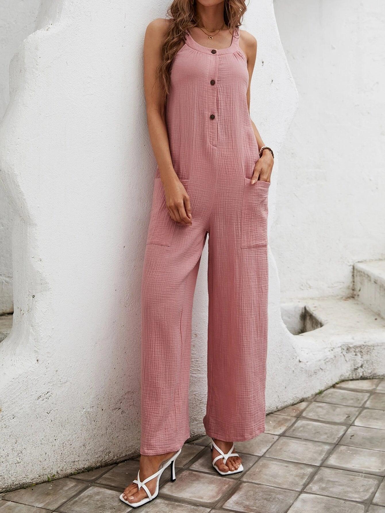 Button Front Dual Pocket Cami Jumpsuit-Comfy Jumpsuits