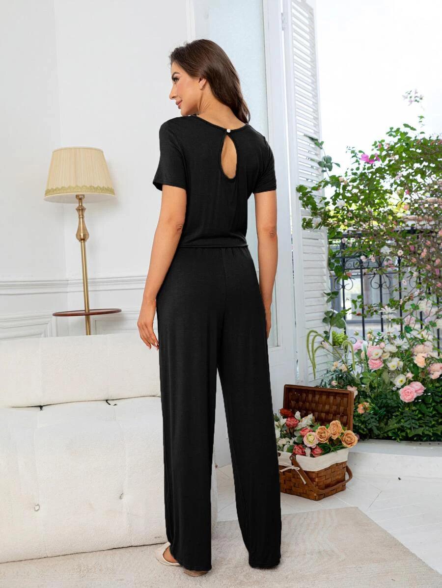 Solid Keyhole Back Jumpsuit-Comfy Jumpsuits