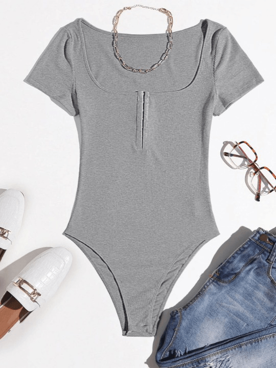 Scoop Neck Half Hook and Eye Placket Solid Bodysuit-Comfy Jumpsuits