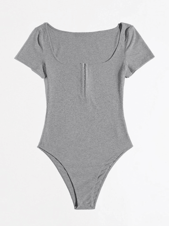 Scoop Neck Half Hook and Eye Placket Solid Bodysuit-Comfy Jumpsuits