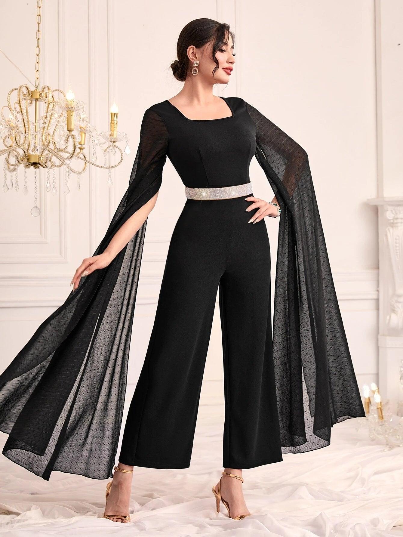 Contrast Mesh Cloak Sleeve Wide Leg Jumpsuit-Comfy Jumpsuits