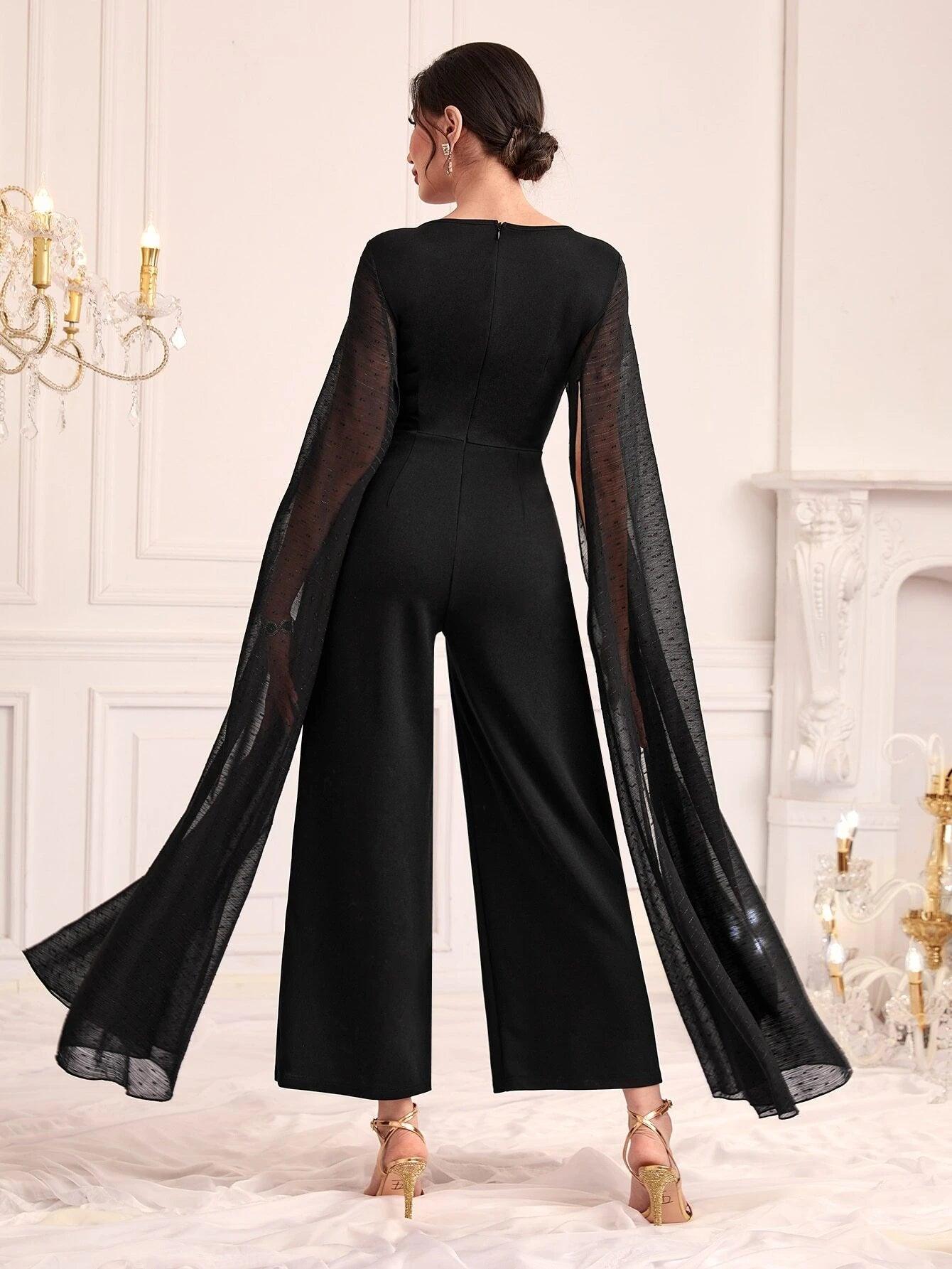 Contrast Mesh Cloak Sleeve Wide Leg Jumpsuit-Comfy Jumpsuits