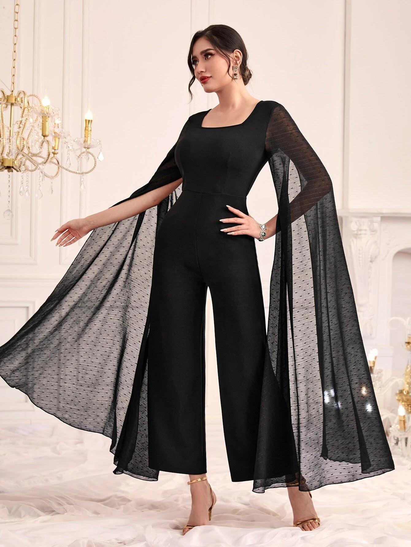 Contrast Mesh Cloak Sleeve Wide Leg Jumpsuit-Comfy Jumpsuits