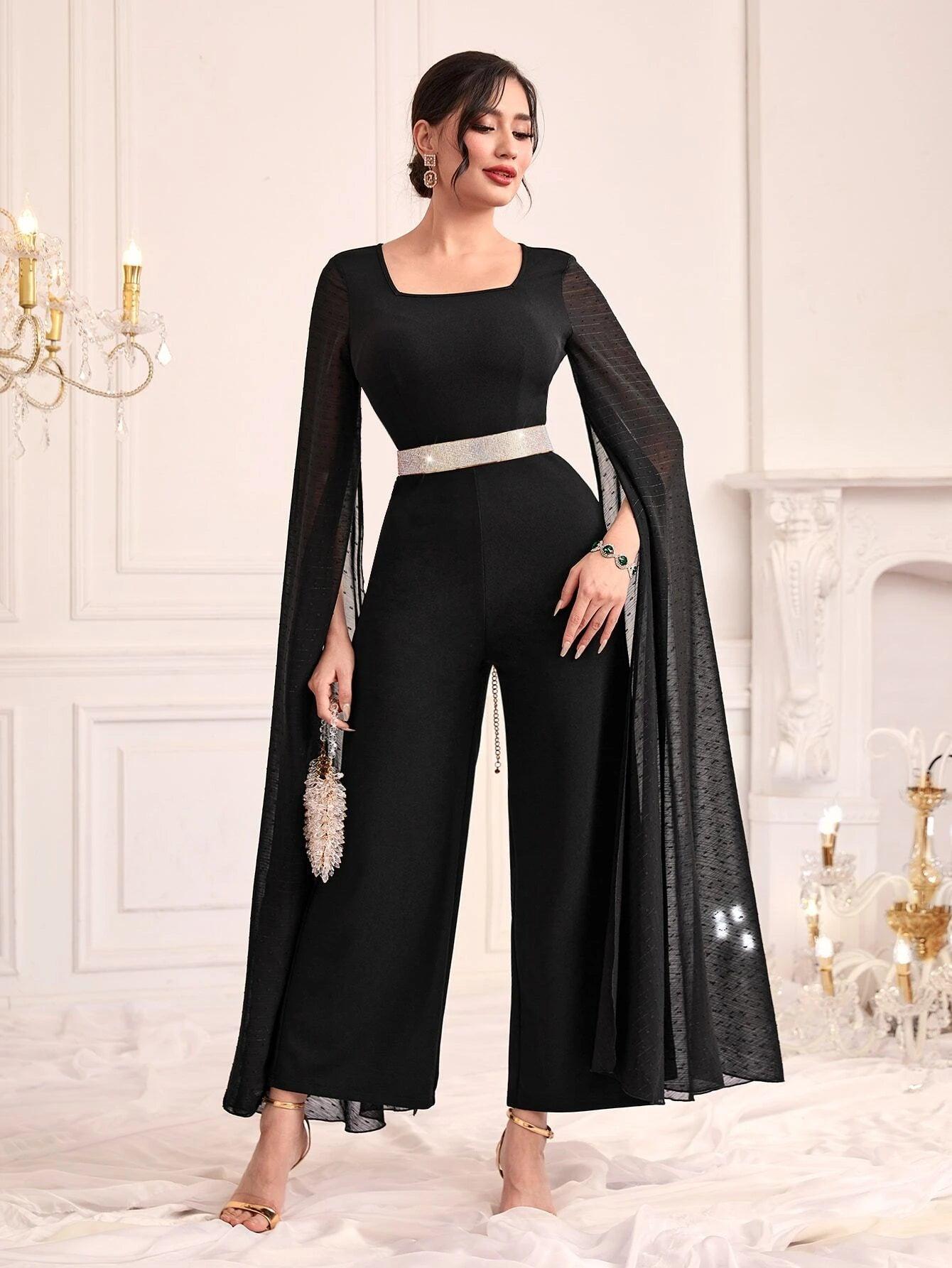 Contrast Mesh Cloak Sleeve Wide Leg Jumpsuit-Comfy Jumpsuits