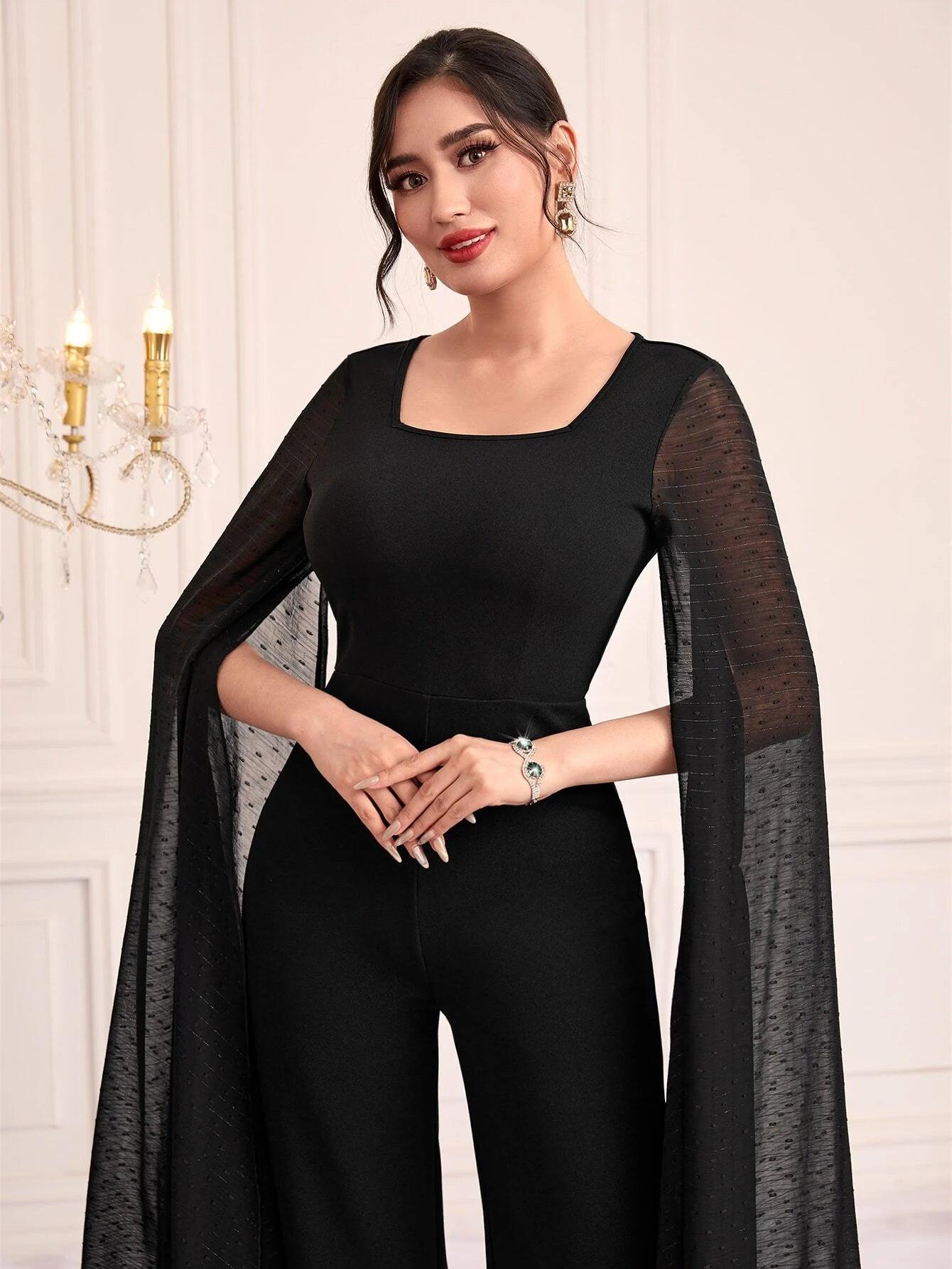 Contrast Mesh Cloak Sleeve Wide Leg Jumpsuit-Comfy Jumpsuits