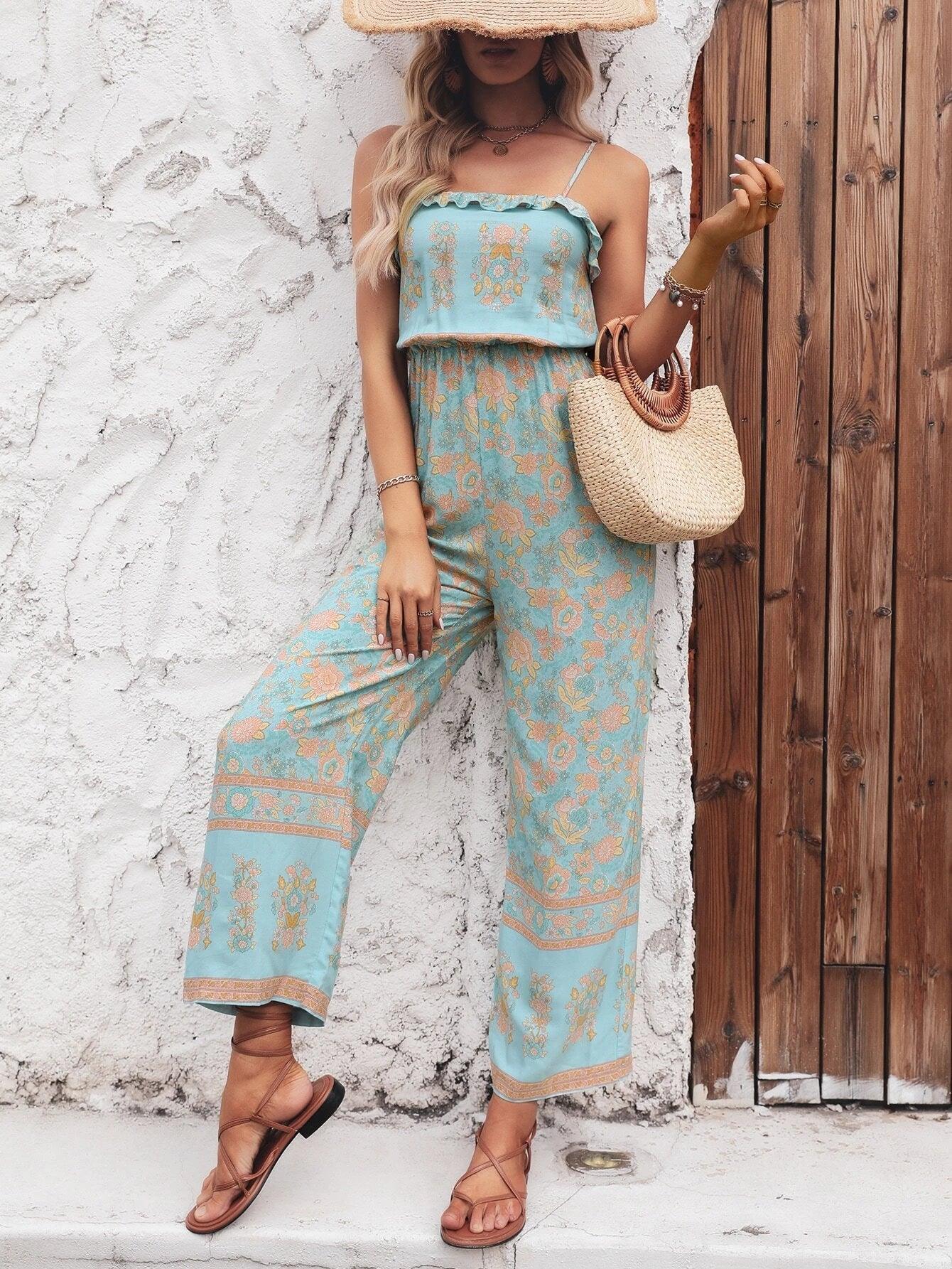 Floral Print Ruffle Trim Cami Jumpsuit-Comfy Jumpsuits