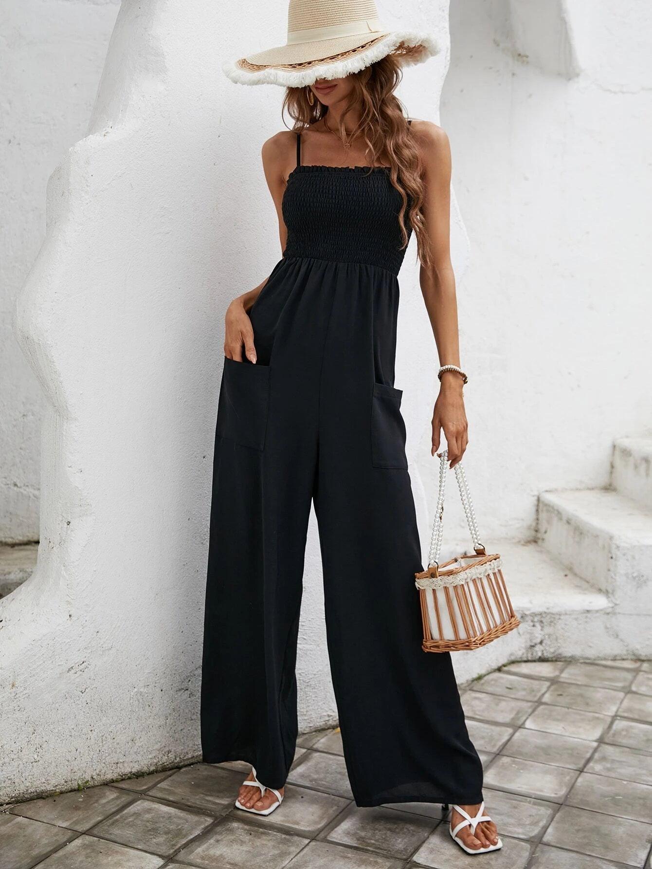 Solid Pocket Patched Cami Jumpsuit-Comfy Jumpsuits