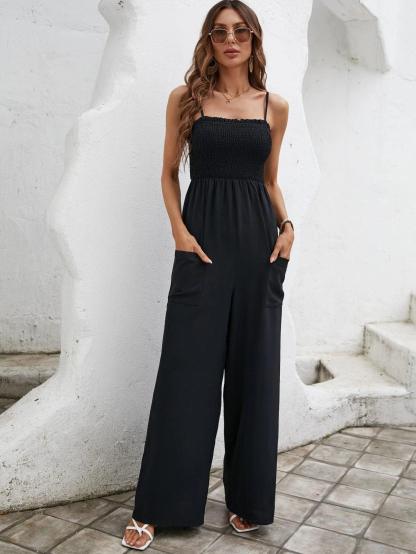 Solid Pocket Patched Cami Jumpsuit-Comfy Jumpsuits