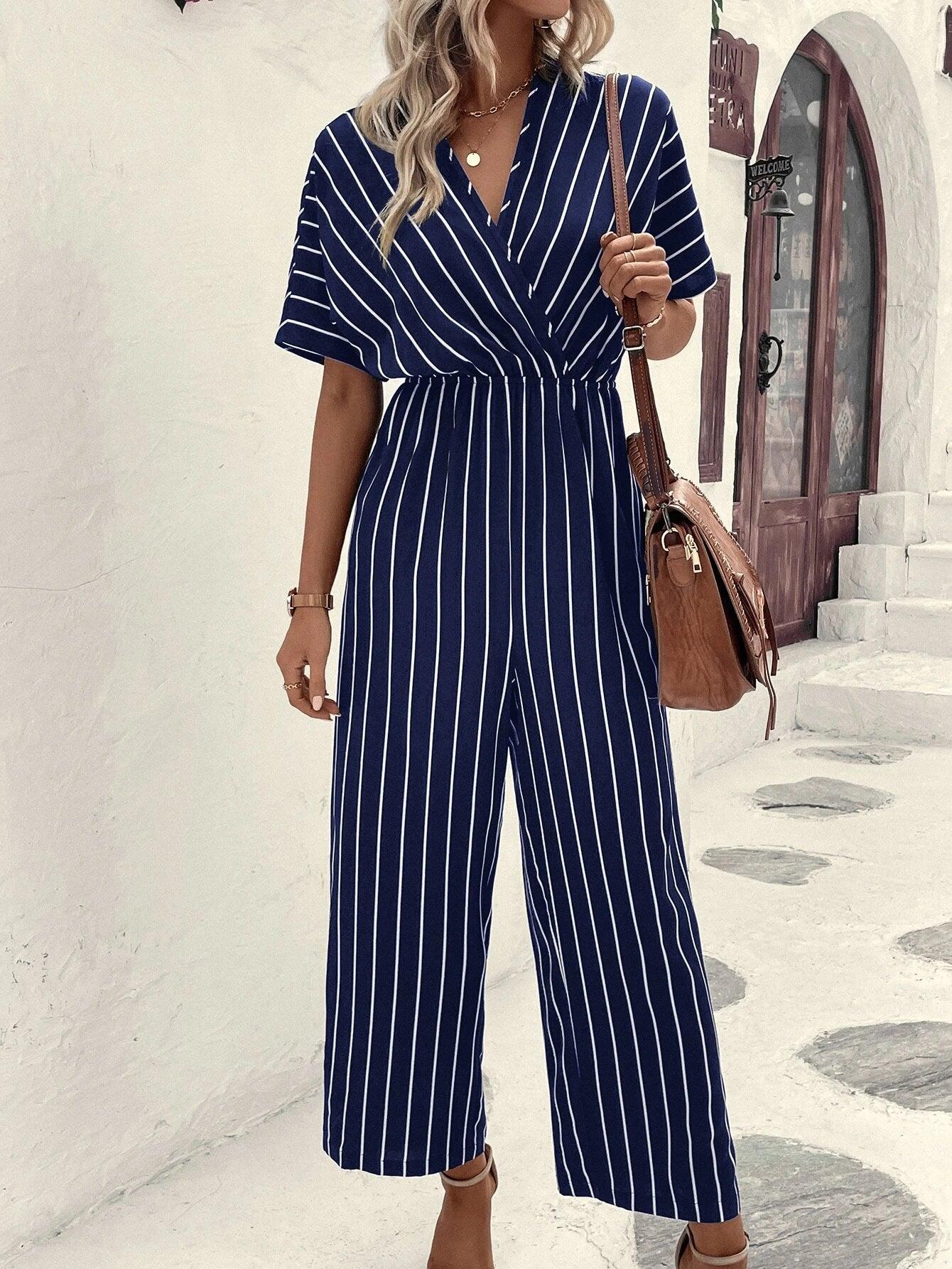 Striped Print Batwing Sleeve Jumpsuit-Comfy Jumpsuits