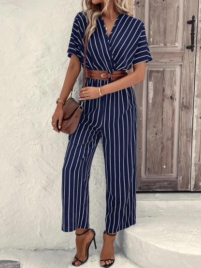 Striped Print Batwing Sleeve Jumpsuit-Comfy Jumpsuits
