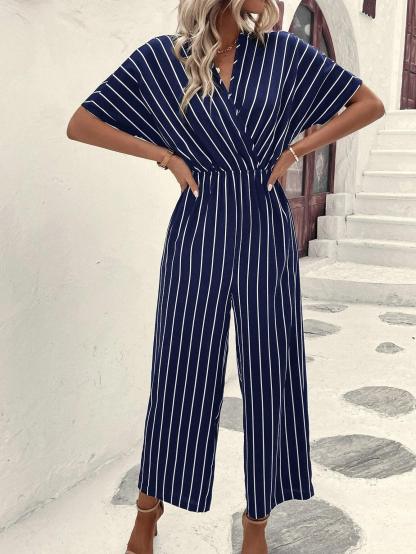 Striped Print Batwing Sleeve Jumpsuit-Comfy Jumpsuits