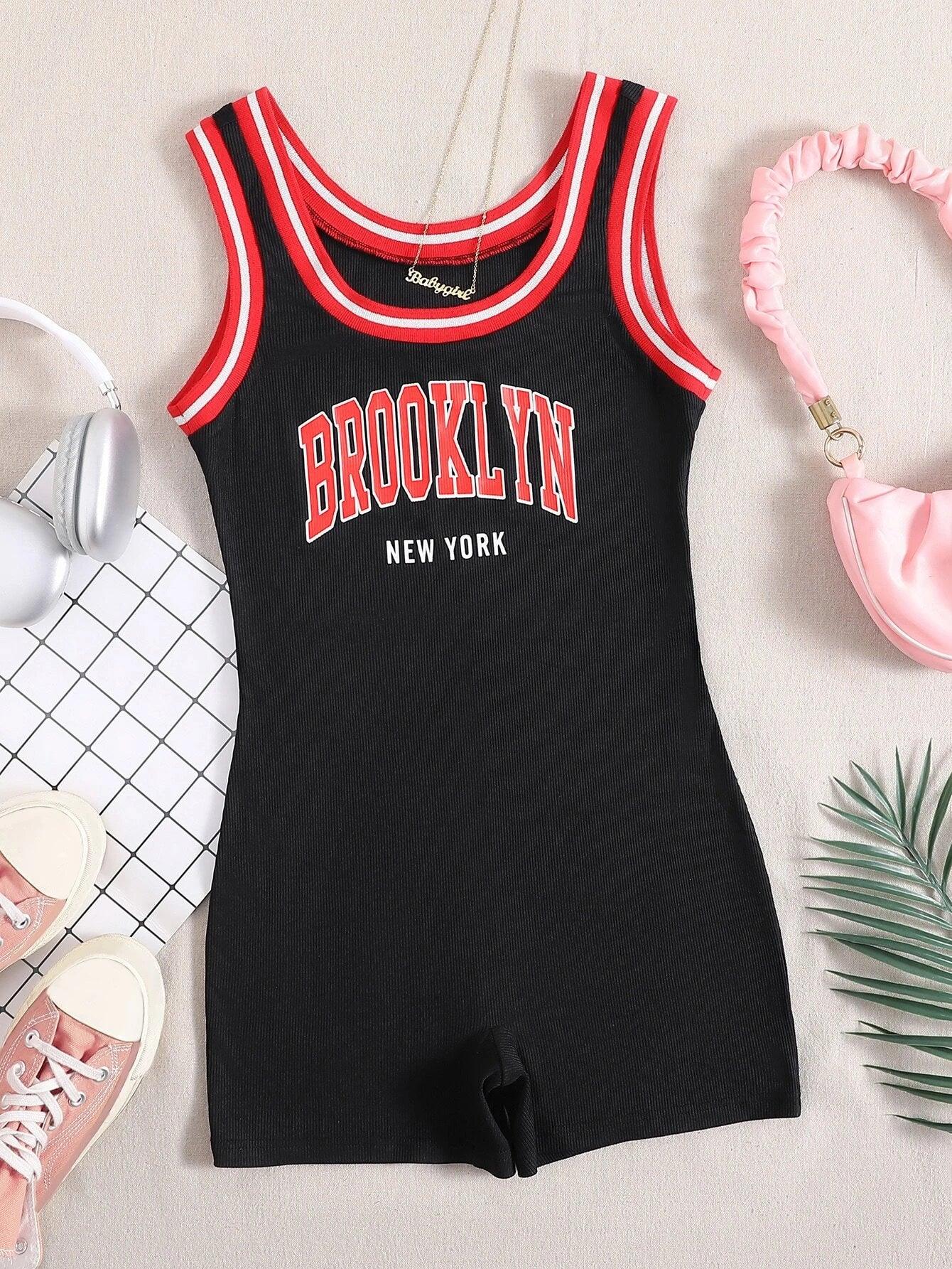 Letter Graphic Striped Trim Unitard Romper-Comfy Jumpsuits