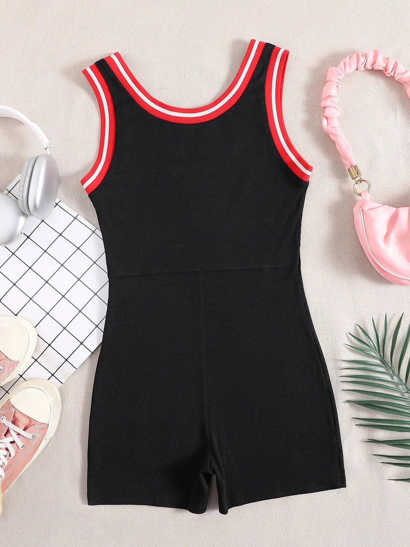 Letter Graphic Striped Trim Unitard Romper-Comfy Jumpsuits