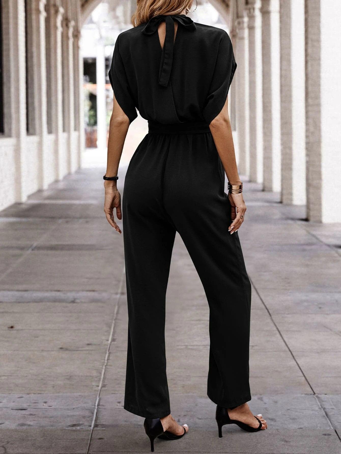 Neck Batwing Sleeve Belted Jumpsuit-Comfy Jumpsuits