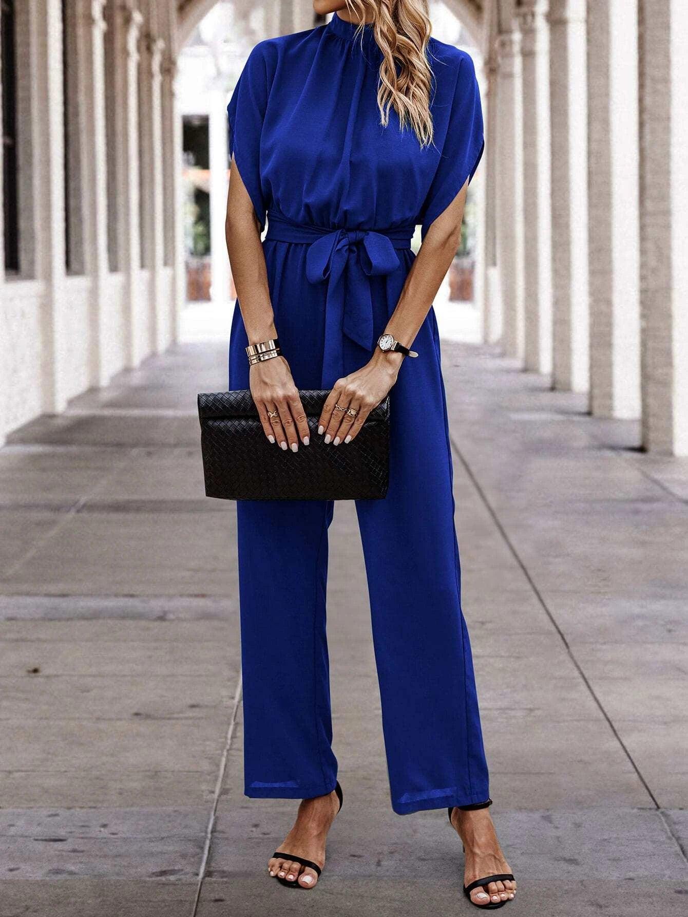 Neck Batwing Sleeve Belted Jumpsuit-Comfy Jumpsuits